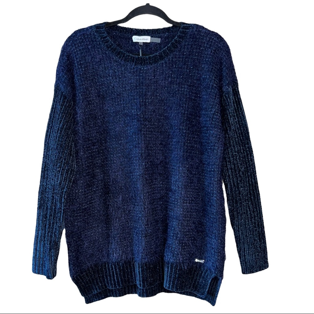 NWT Calvin Klein Chenille Fuzzy Knit Chunky Soft and Cozy Sweater. Navy. Large